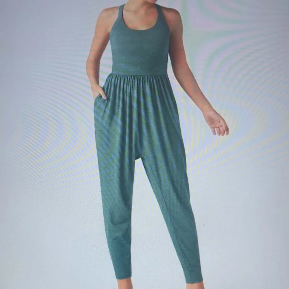 MEDIUM HALARA BACKLESS TWISTED U NECK EASY PEEZY HAREM JUMPSUIT - Picture 1 of 10